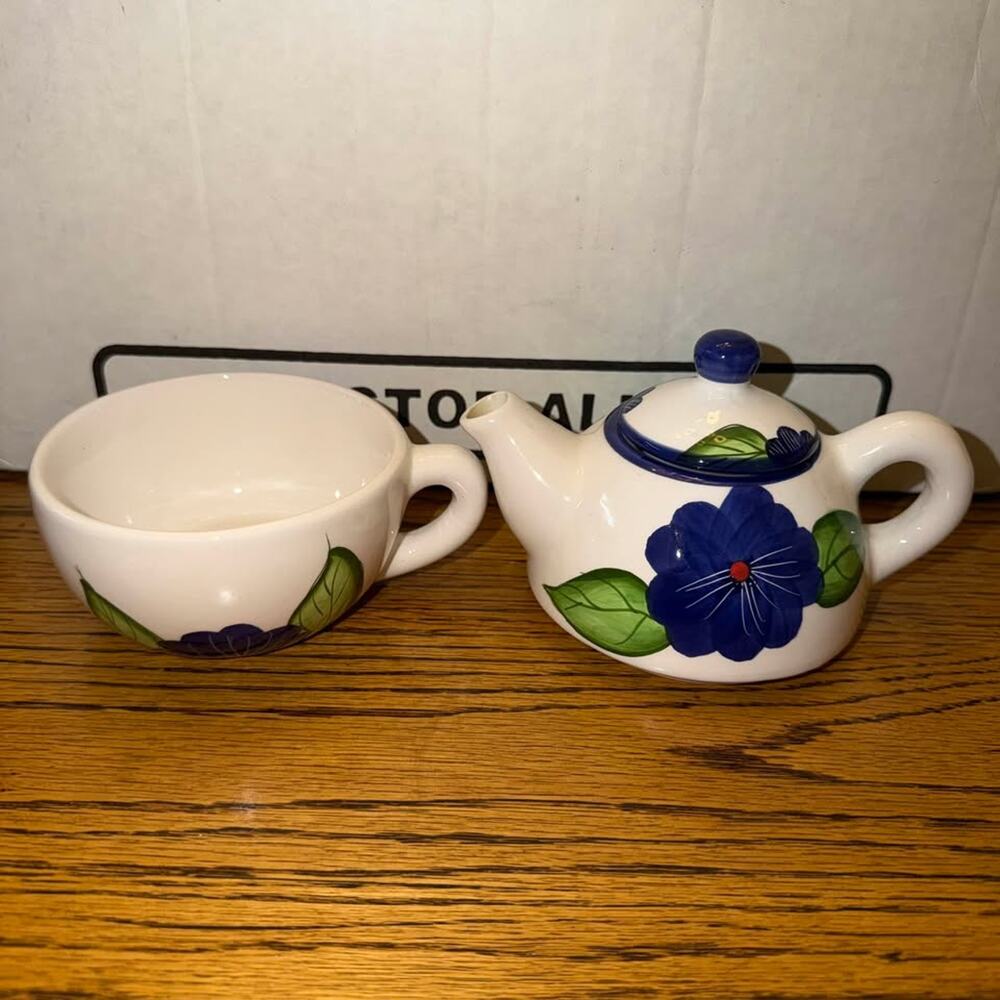 Ceramic Tea For One Set Blue Floral - Picture 2 of 10